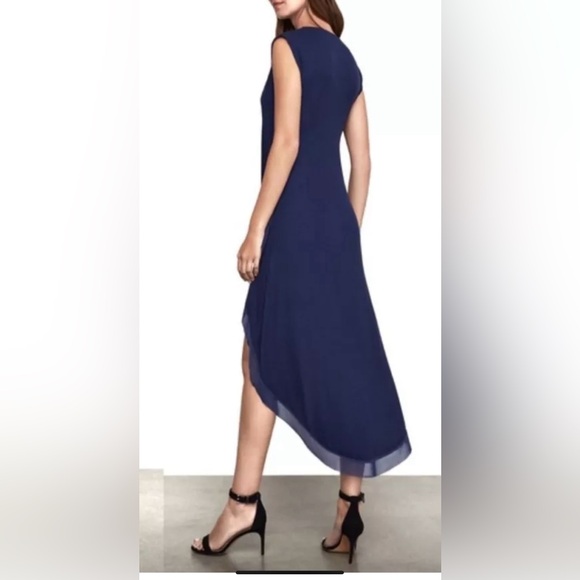 BCBG Maxazria SZ L navy blue hi/low sleeveless dress w/chiffon trim bust 36”-48” - Picture 10 of 11